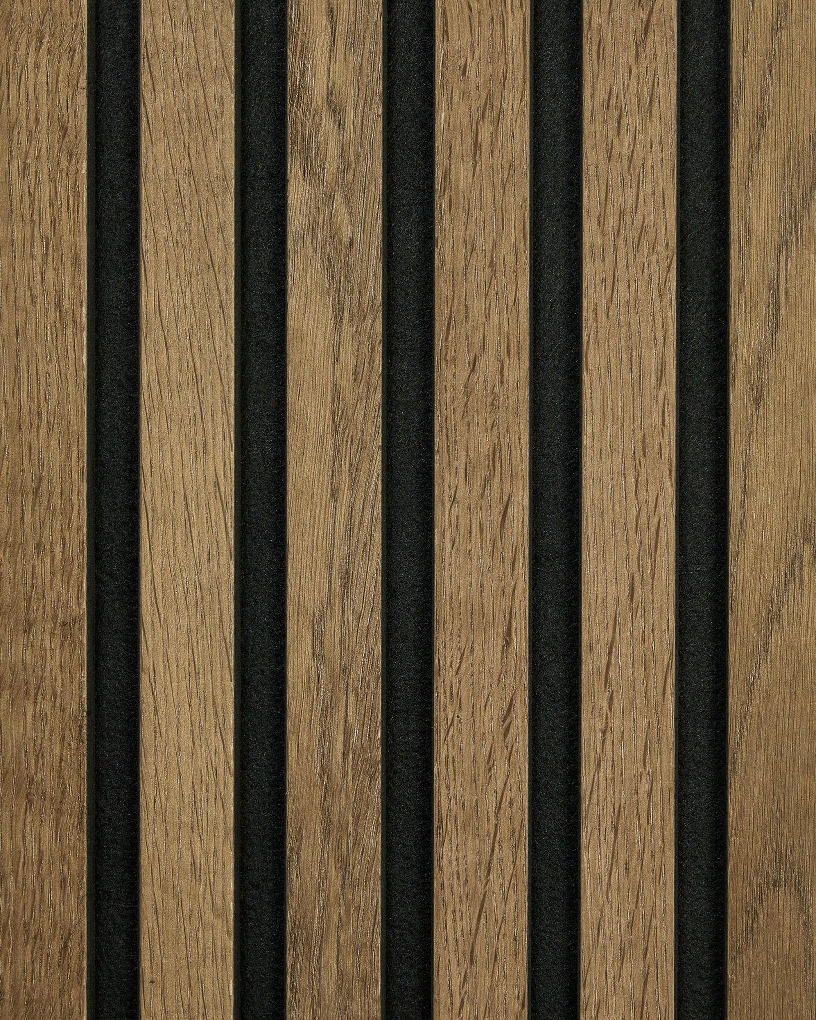 Close-up of WoodUpp Akupanel Rustic Sample in Grey Oak, featuring vertical acoustic slats and black felt strips for a modern Nordic wall accent.