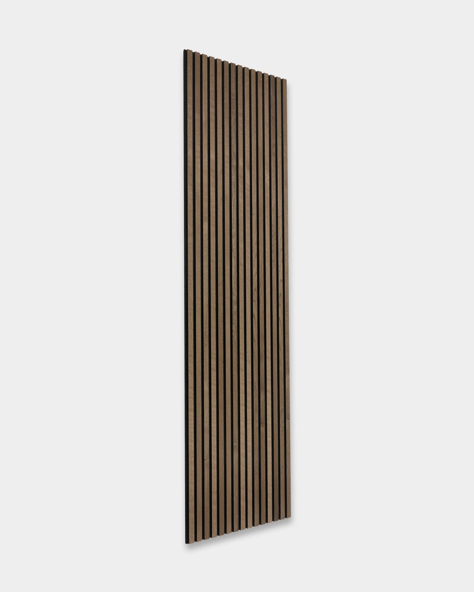 WoodUpp Akupanel in Grey Oak (300x60cm) with vertical slats, light gray oak finish, minimalist Scandinavian acoustic panel design.