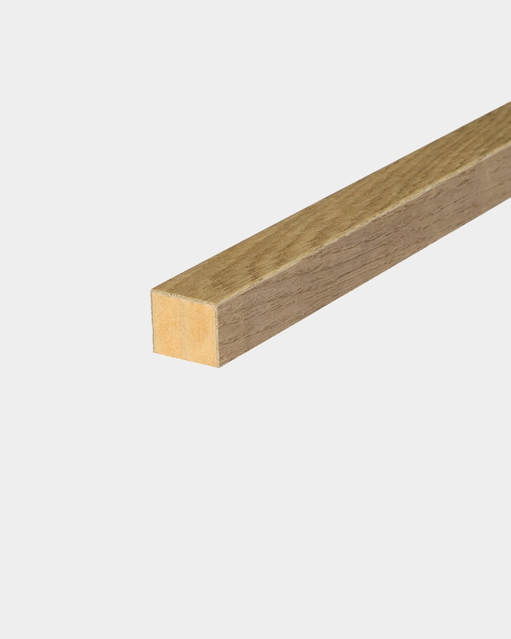 WoodUpp End Lamella in Rustic Grey Oak, 2.2 cm wide, angled on a white background; designed as an accessory for Akupanel acoustic panel or MDF panel installations.
