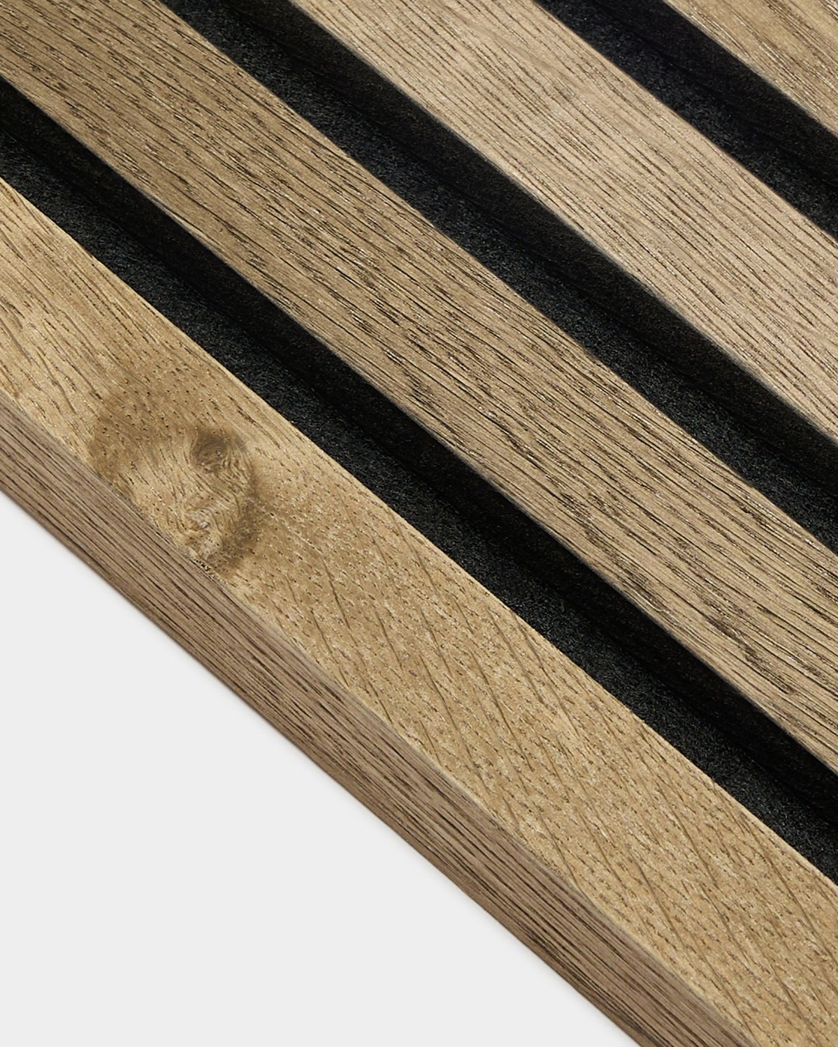 Close-up of WoodUpp Akupanel End Lamella in Rustic Grey Oak, 2.2 cm MDF acoustic panel with black grooves and visible wood grain on light gray background.