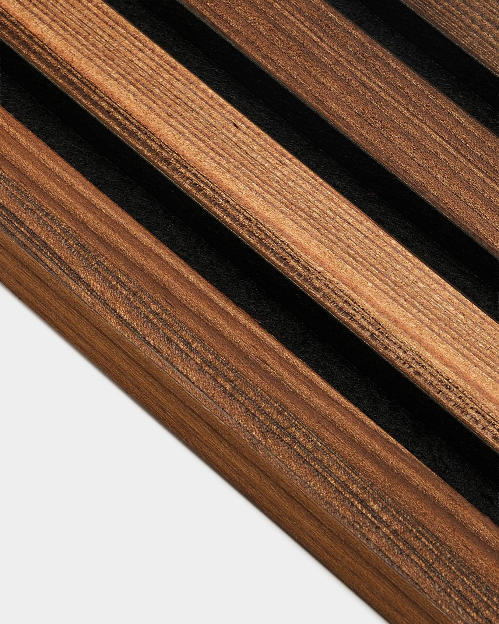 Close-up of WoodUpp End Lamella Rustic Smoked Larch (2.2 cm) designed for Akupanel acoustic panel installation; natural grain and smoked finish shown.