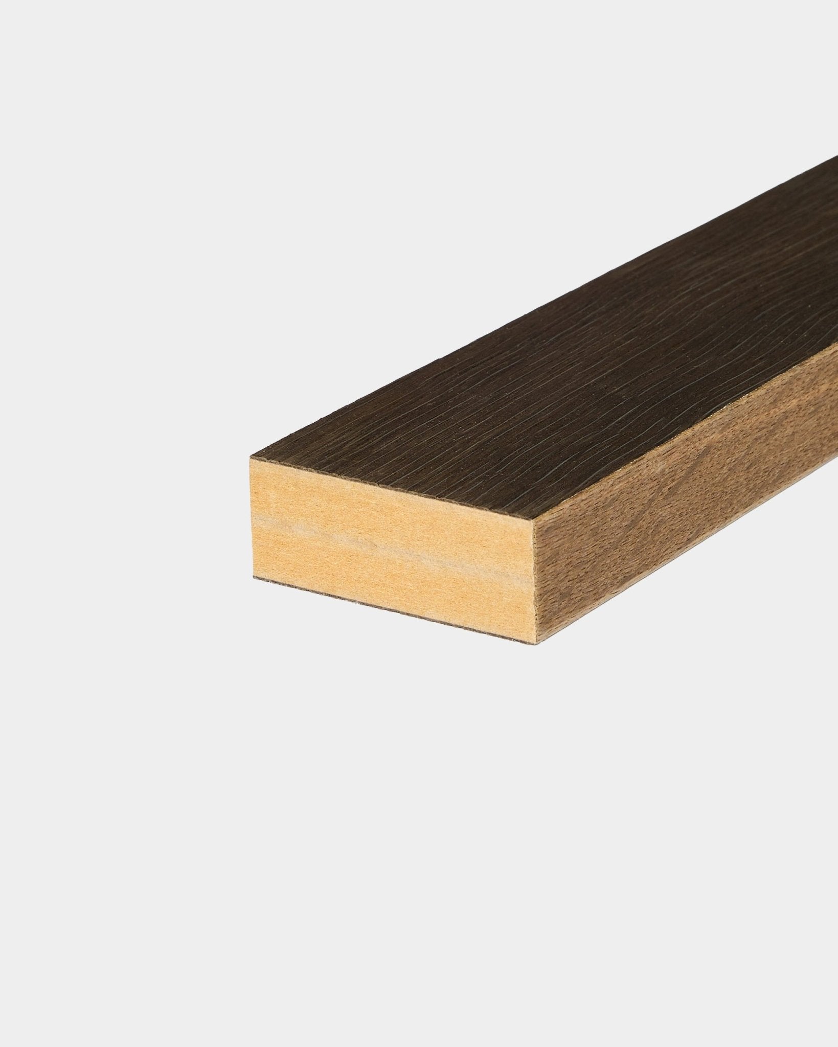 WoodUpp End lamella in Rustic Smoked Oak (6.7 cm), designed for Nordic Akupanel acoustic panel installations, displayed on a white background.