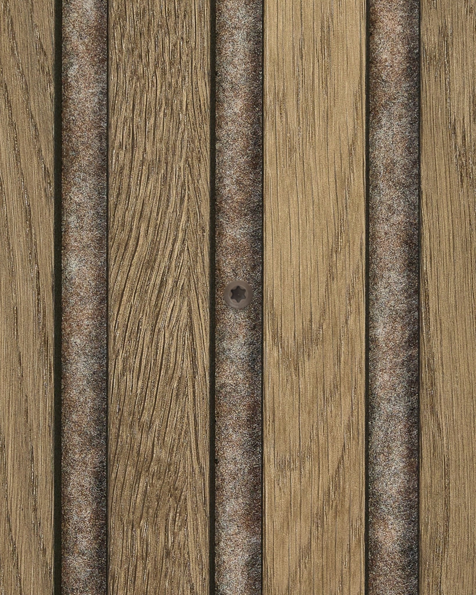 Close-up of Warm Grey screws used to install WoodUpp Akupanel acoustic panels: metal strips and felt backing visible; 100 screws per pack.