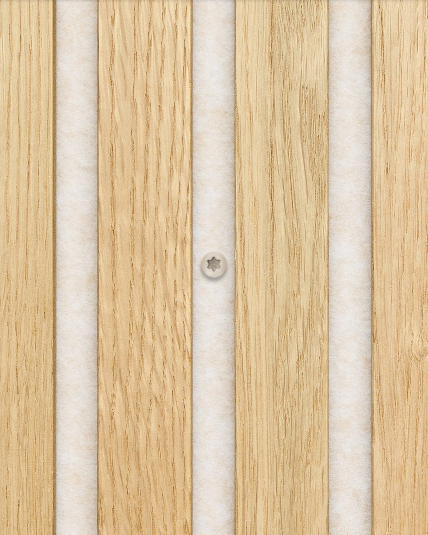 Close-up of light beige WoodUpp installation screws securing Akupanel acoustic paneling; box contains 100 pieces.