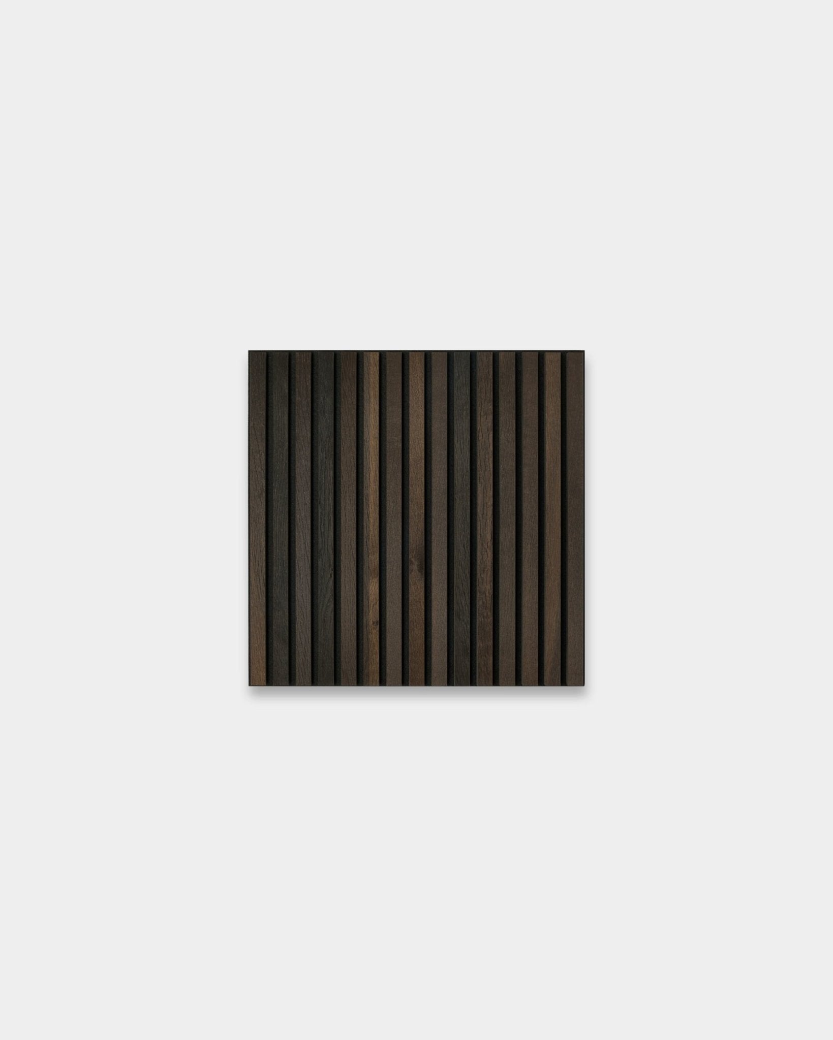WoodUpp Akupixel Smoked Oak acoustic panel, 60x60 cm, rectangular with dark and light brown wood slats on a light gray Scandinavian-style background.