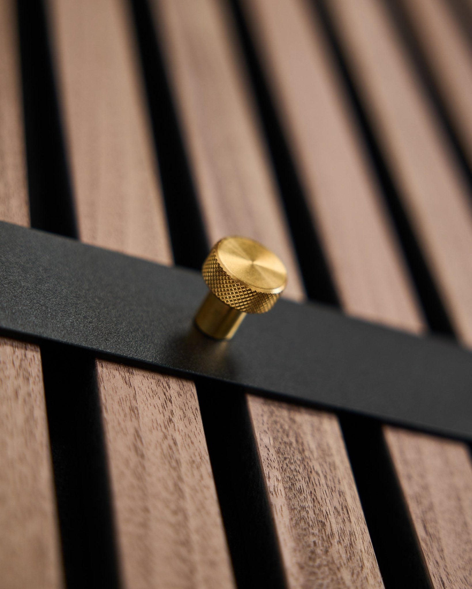 WoodUpp Norr Coat Hook Rack features seven black hooks with brass knobs mounted on brown slatwall panel, designed as a Nordic accessory for Akupanel.
