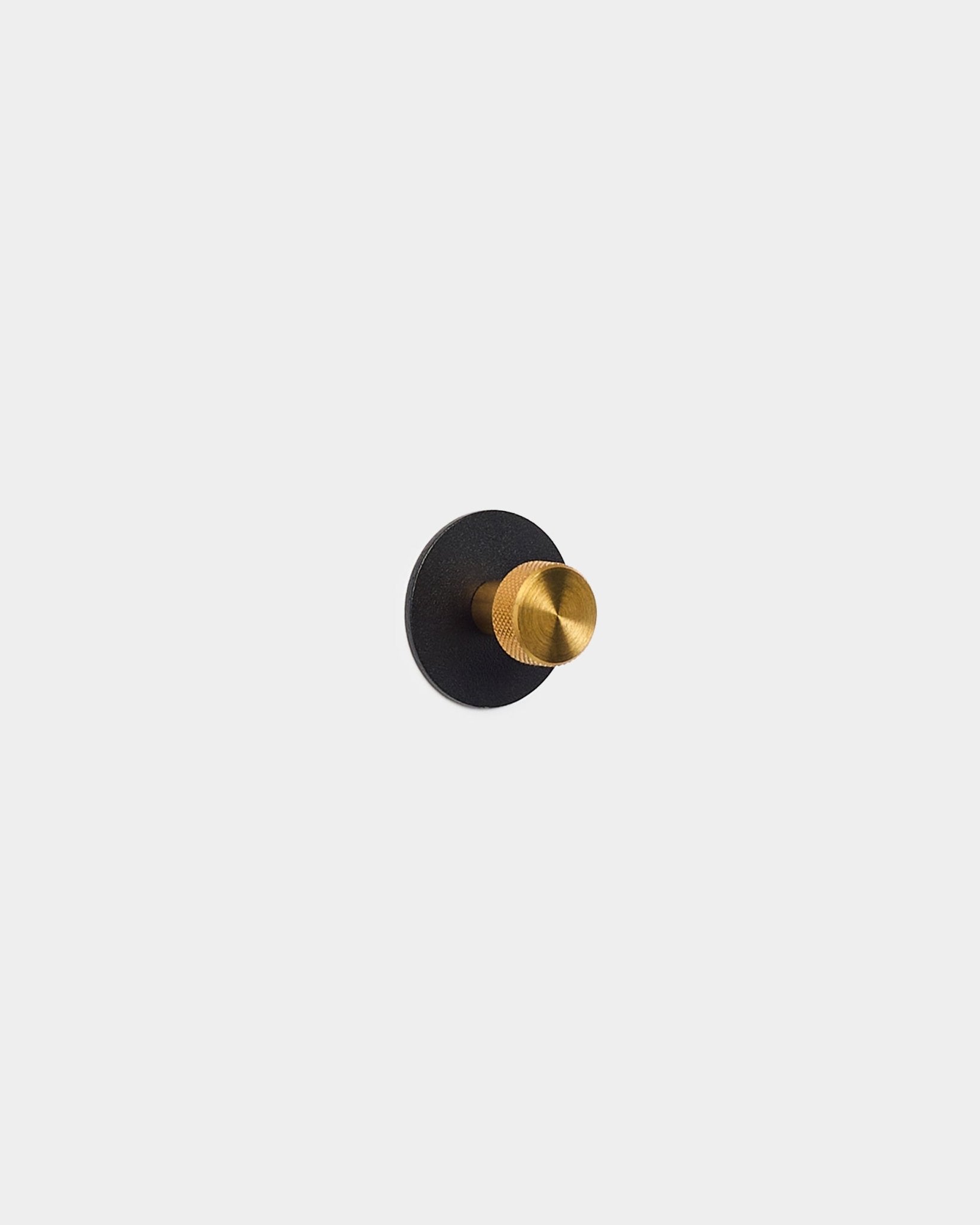 Gold-toned coat hook mounted on a black Akupanel acoustic panel base, crafted from powder-coated steel by WoodUpp.