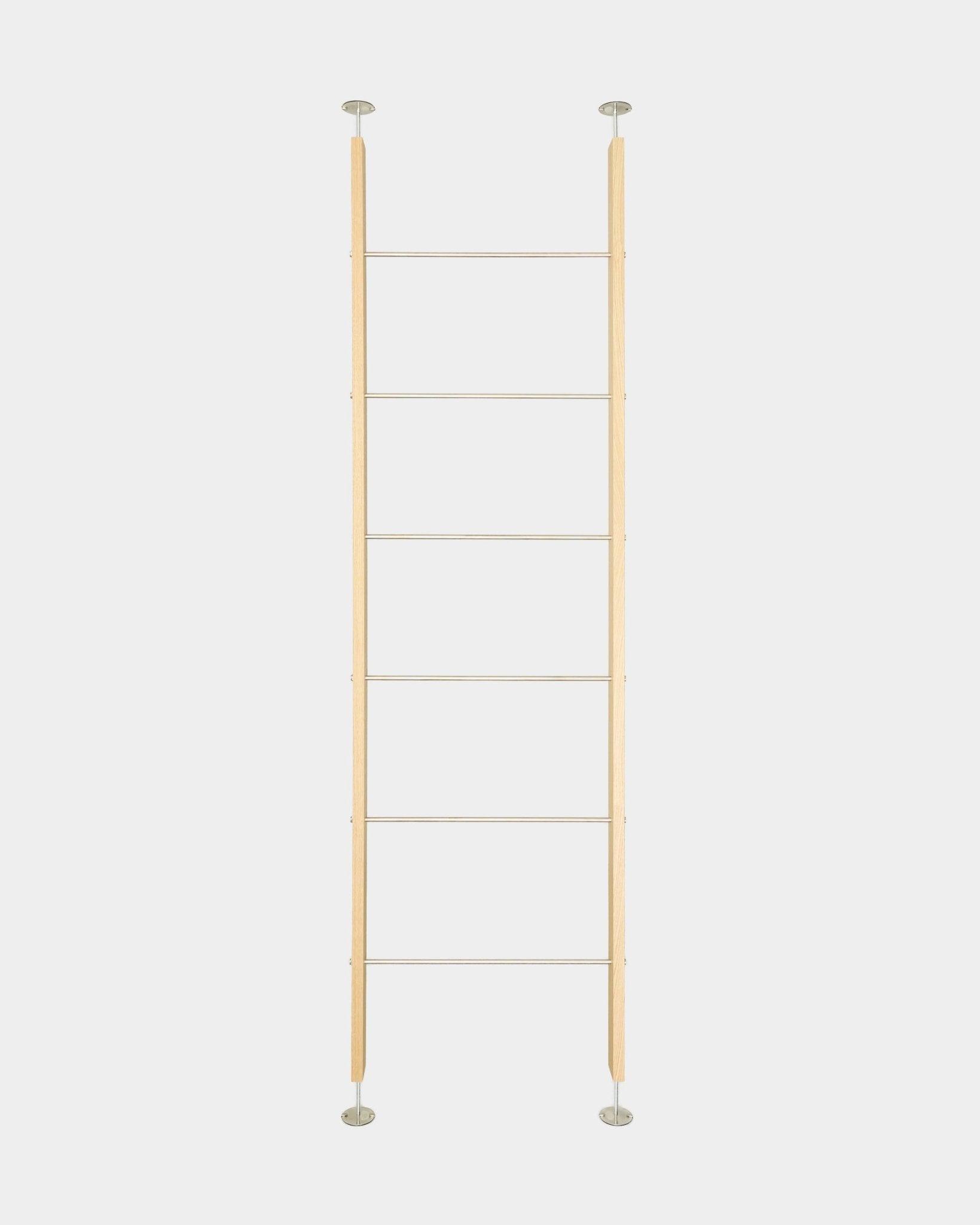 EMBRACE room divider BM2 by WoodUpp, 236-252 cm tall oak and steel ladder with six rungs, secures floor-to-ceiling, shown on a white background.