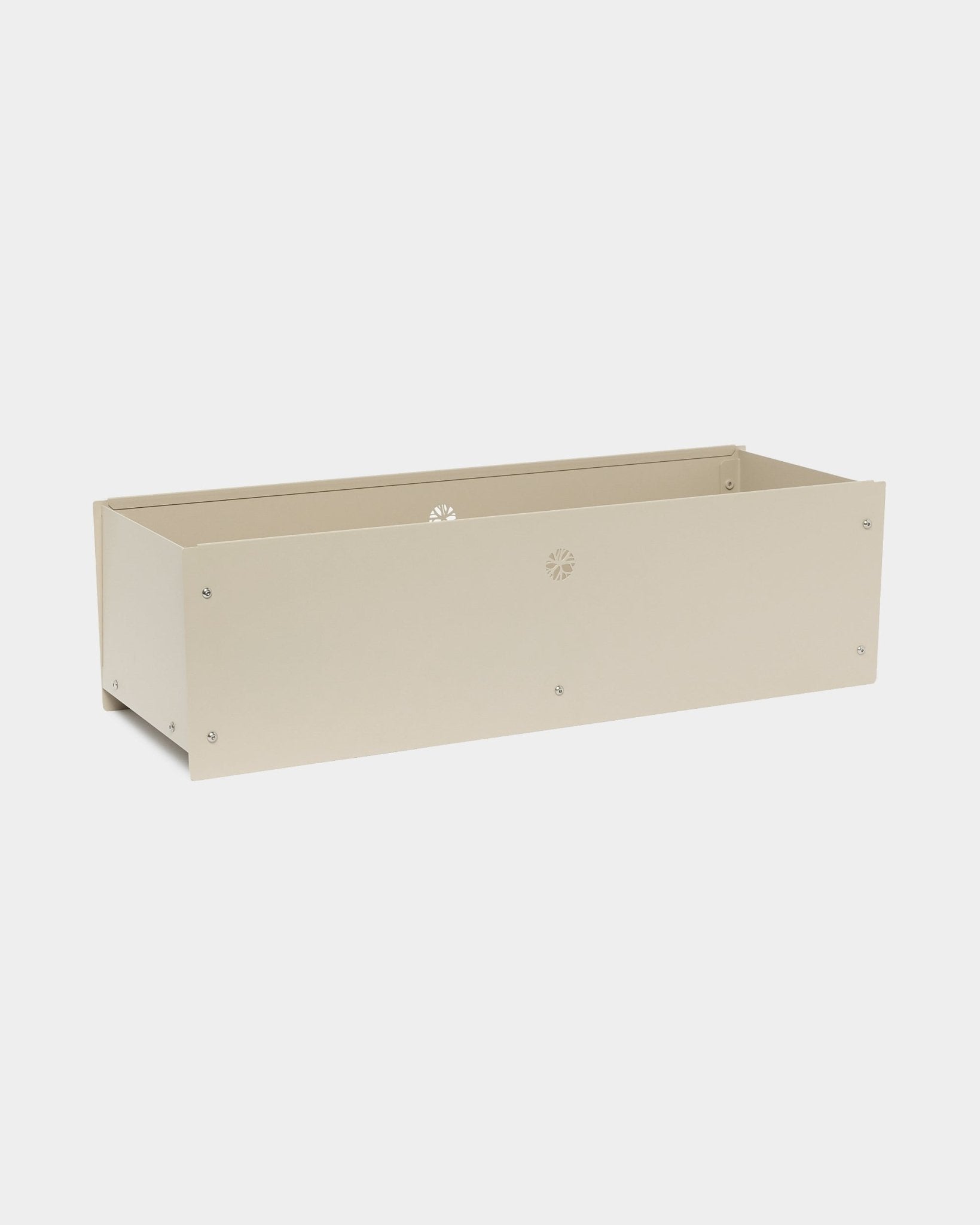Nell | Metal Box / BM2 in beige by WoodUpp: beige powder-coated steel planter with small side holes, set against a plain white background.