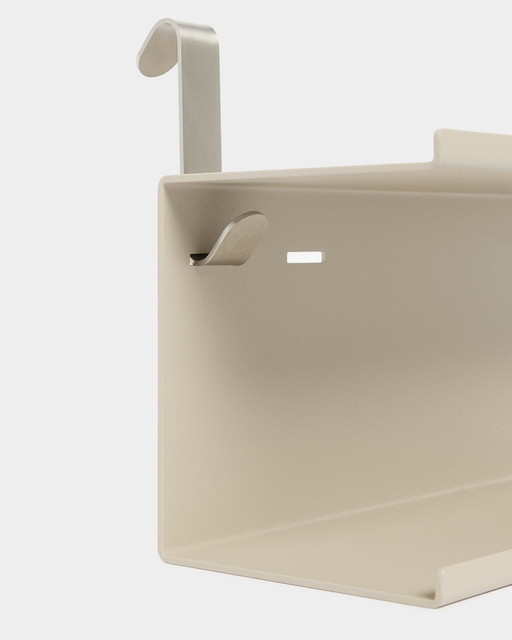 Close-up of the WoodUpp Nell Double Metal Shelf BM1 in beige (63.5 cm), with two silver hooks, displayed against a white background.
