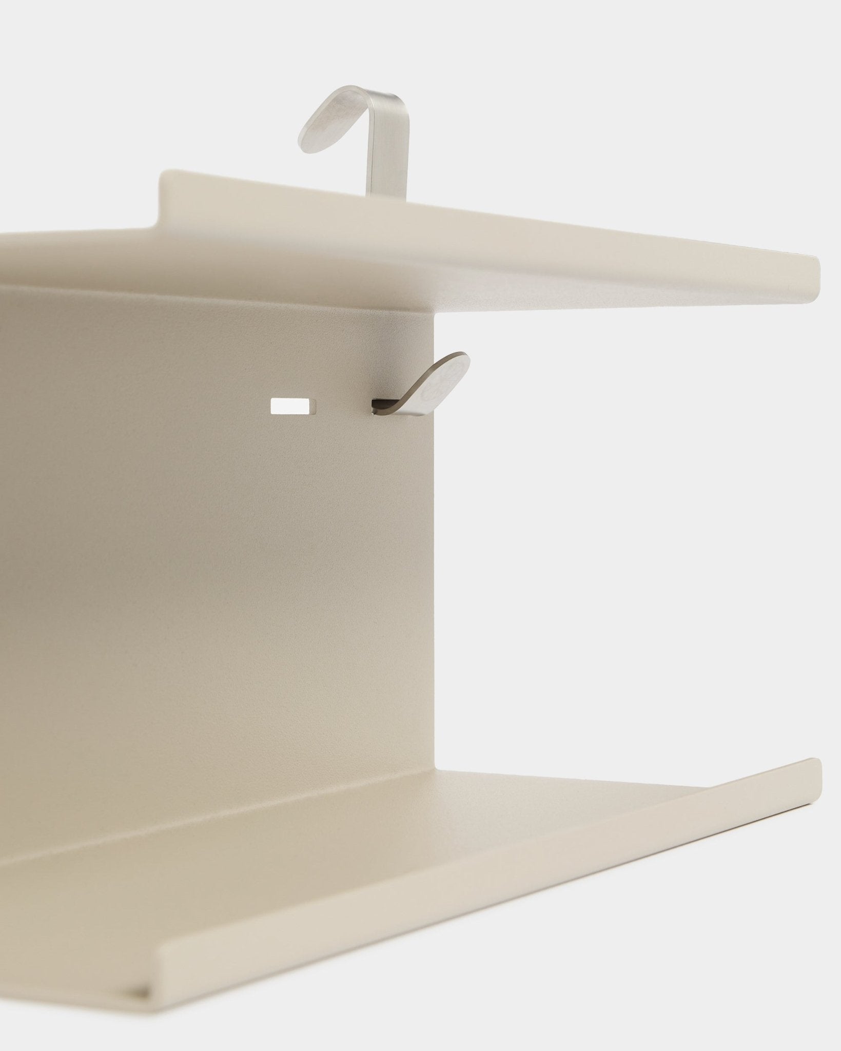 WoodUpp Create Double Metal Shelf BM1 in beige, 31.7 cm, with two silver hooks and double-level design, displayed against a white background.