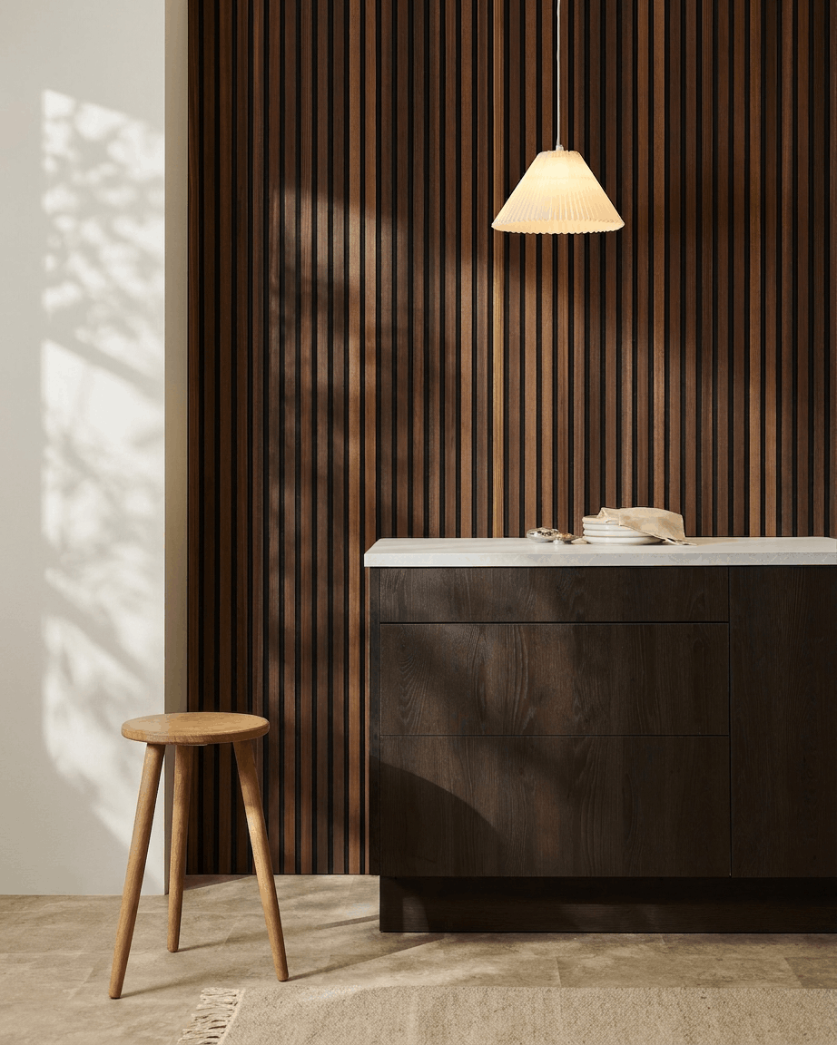 Akupanel | Acoustic Panel / Natural Wood, Smoked Larch, Black Felt 300 x 60 cm