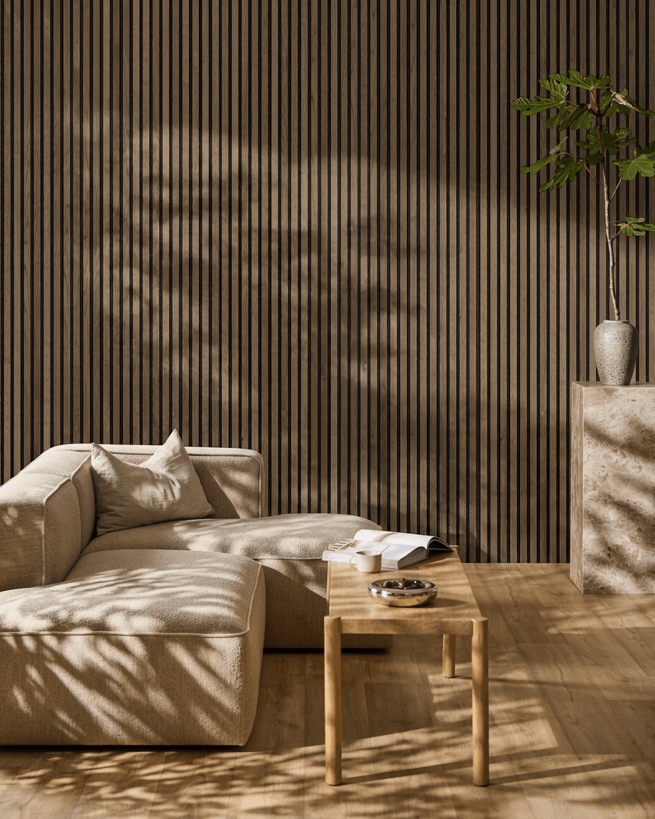 Akupanel | Acoustic Panel / Natural Wood, Rustic Grey Oak, Black Felt 300 x 60 cm